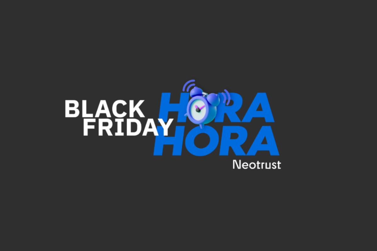 Fundo preto com logomarca escrito "Black Friday Hora a Hora, Neotrust"