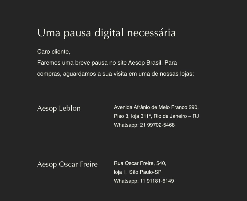 aviso no site da Aesop Brasil