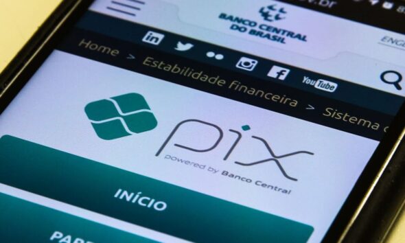 Close em celular com tela aberta na página do pix do Governo Federal; transações pix; vazamento chaves pix; pix por aproximação