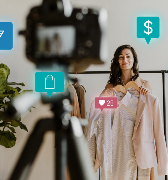 Mulher fazendo transmissão ao vivo de venda de produtos, ao estilo do live commerce