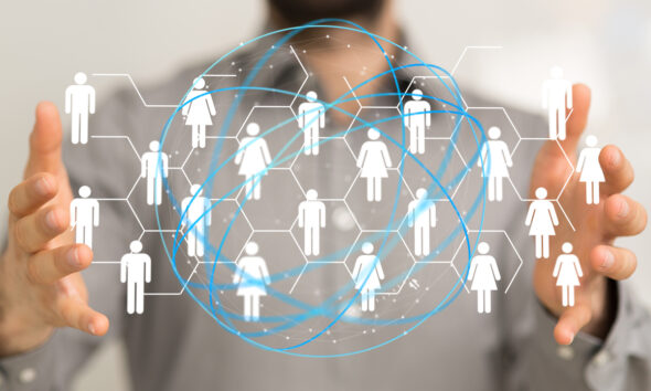 Ilustração digital com conceito de rede e dados; transformação digital; CDP