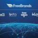 Imagem virtual azul com as logos da Freebrands, FreeCo, FreeWipes, Kiss acima de um globo