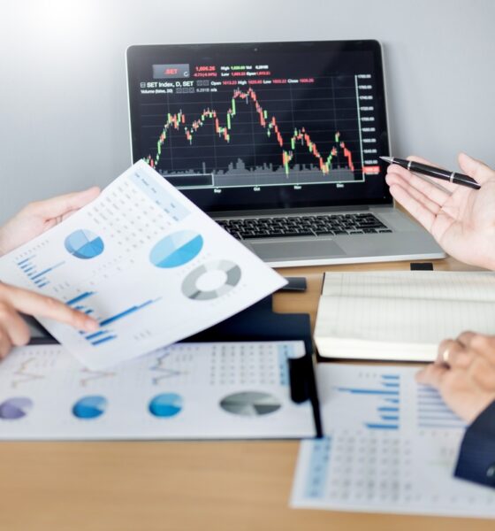 Empresários conversando com gráficos nas mãos e no computador, fazendo estudo de viabilidade