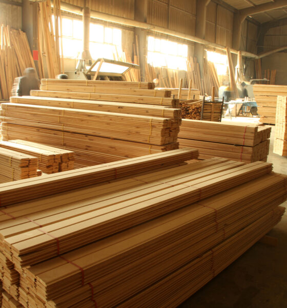 Setor de matcon; sala com diversas vigas de madeira; materiais de construção; Juntos