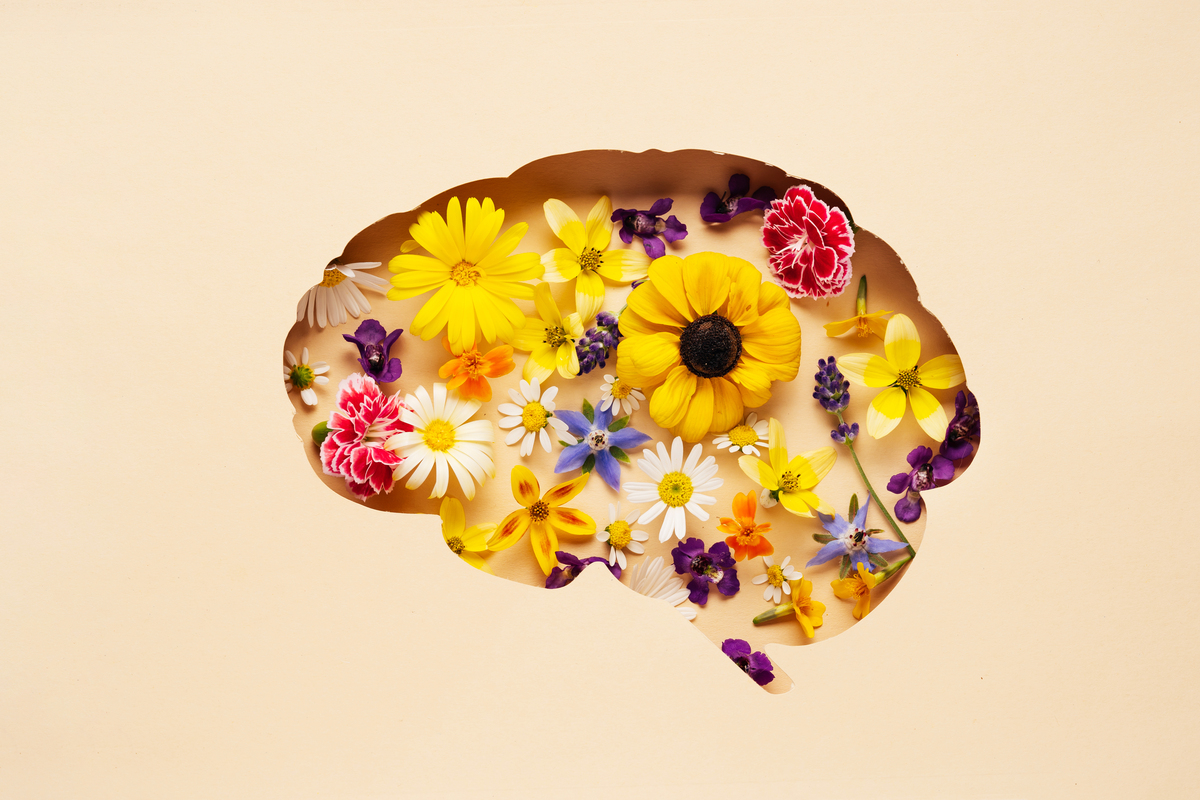 Desenho de cérebro com flores dentro. Fundo bege; saúde mental