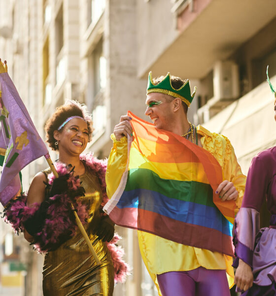 Grupo de três jovens fantasiados para o carnaval. Da esquerda para a direita são uma mulher negra com vestido dourado e segurando uma bandeira roxa; um homem com coroa verde segurando uma bandeira lgbt na frente do corpo e uma mulher com roupa roxa de princesa.