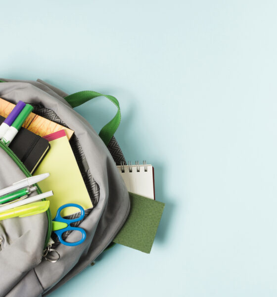 Fundo azul claro, com mochila aberta no canto esquerdo e materiais escolares como caneta, régua e tesoura saem para fora.