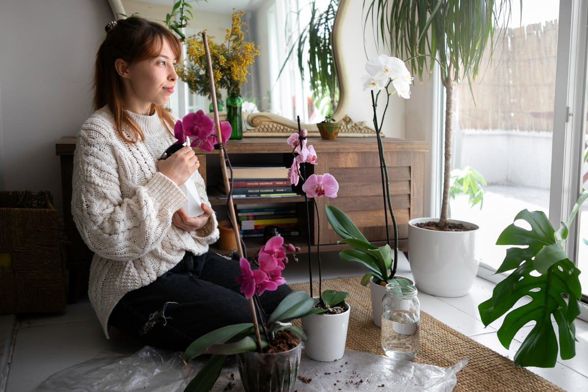 Jovem cuidadndo de orquídeas em casa